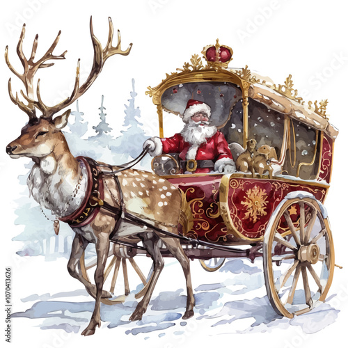 A watercolor painting of Santa Claus with a deer Christmas carriage, isolated on a white background.