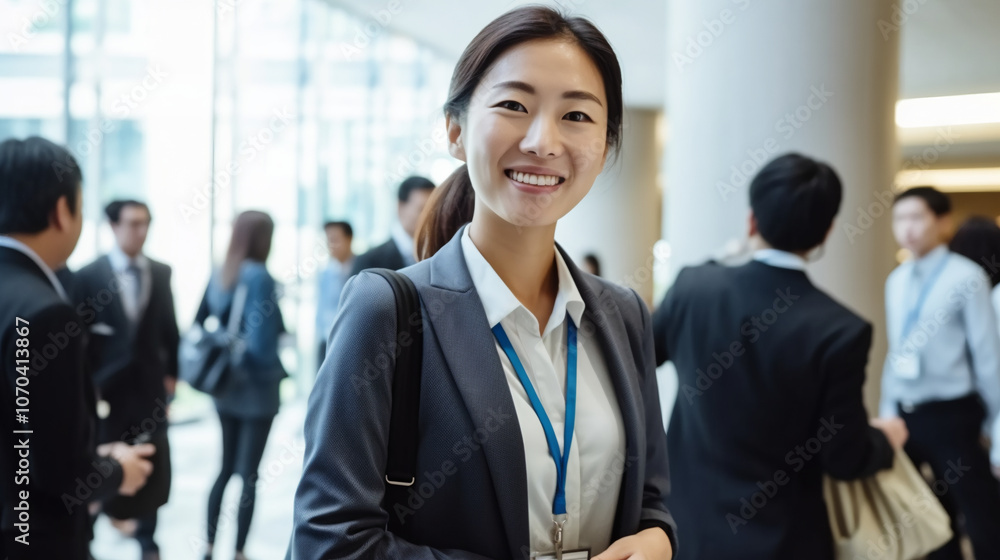 an Asian woman in professional attire, smiling and standing with her arms crossed at the entrance to an event hall or conference room. an Asian woman in professional attire, smiling and standing with her arms crossed at the entrance to an event hall or conference room.