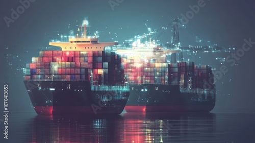 Container ships by digital and technological symbols business icons, cargo handling efficiency