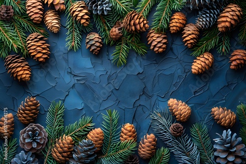 Rustic Pinecone and Evergreen Frame on Textured Dark Blue Background for Seasonal Design