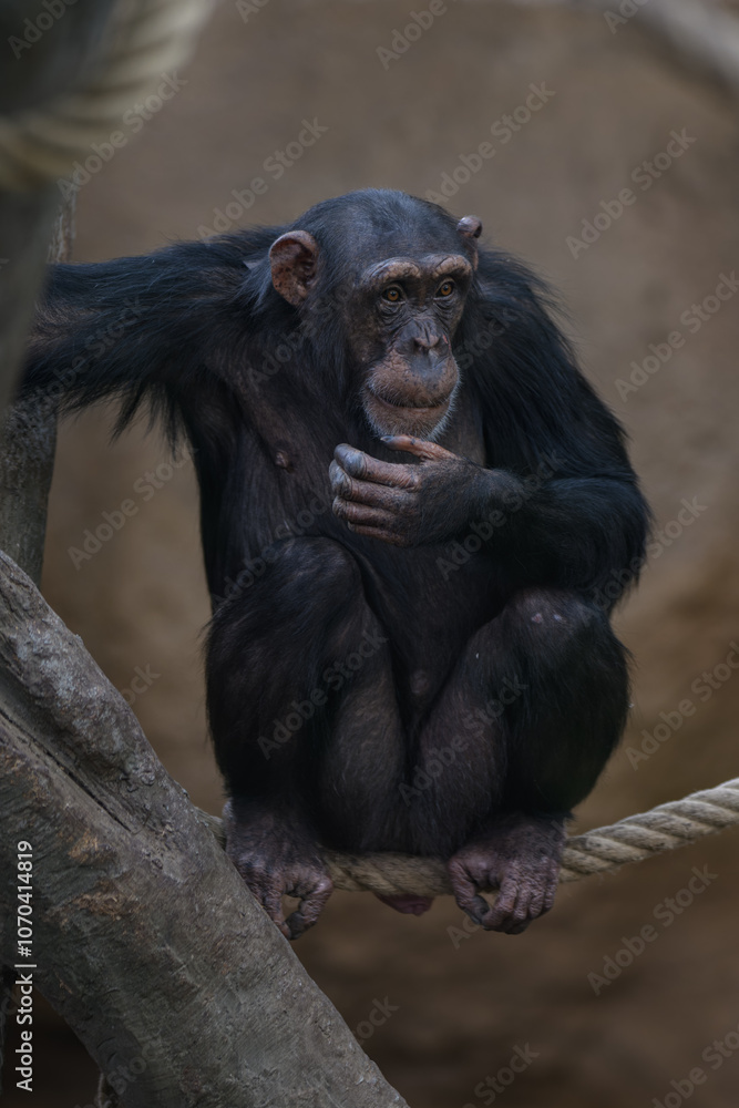 A female chimpanzee sits on a rope.
A female chimpanzee sits on a rope.