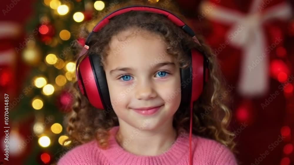 Joyful child with red headphones, surrounded by Christmas lights and decorations, capturing holiday spirit. Joyful child with red headphones, surrounded by Christmas lights and decorations, capturing holiday spirit.