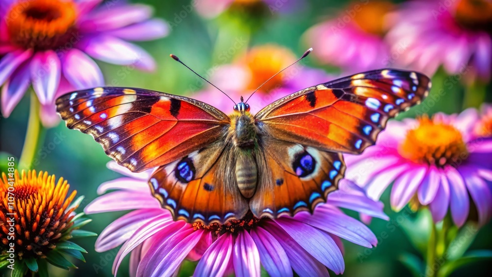 Obraz premium A vibrant butterfly, wings outstretched, against a blur of colorful flowers.