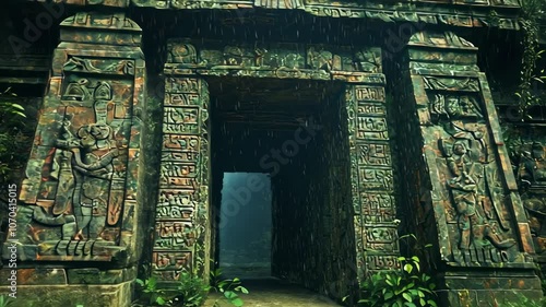 Ancient Mayan Temple Entrance in the Jungle, ruins, rainforest, civilization, architecture, stone