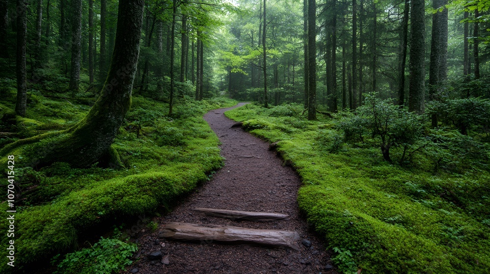 Fototapeta premium Romantic Hiking Trail Through a Forest | Scenic Nature Walk, Peaceful Wilderness, Couples Adventure, Serene Forest Path, Outdoor Escape