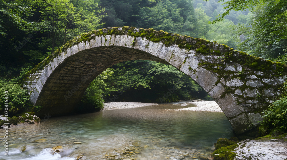 An old stone arch bridge covered in moss spans a clear river in a lush green forest. An old stone arch bridge covered in moss spans a clear river in a lush green forest.