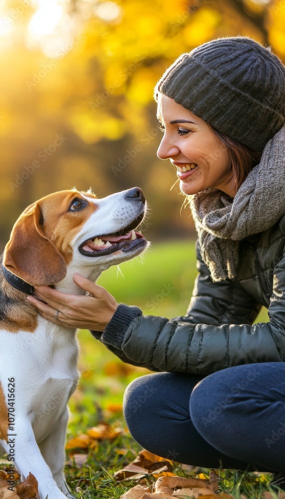 Woman And Her Beagle Enjoying A Warm Autumn Day In The Park, Full Of Love And Happiness. Woman And Her Beagle Enjoying A Warm Autumn Day In The Park, Full Of Love And Happiness.