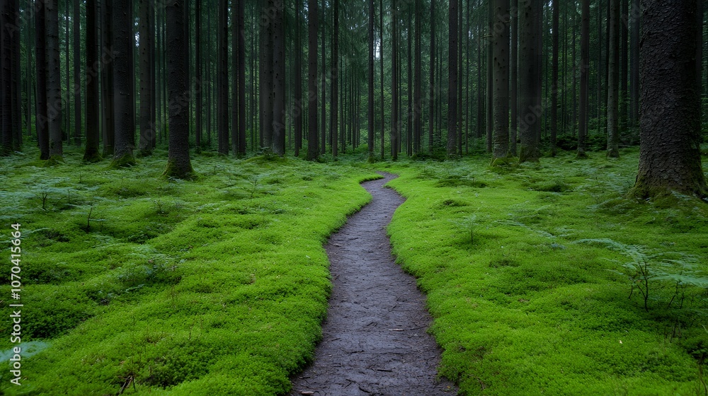 Fototapeta premium Romantic Hiking Trail Through a Forest | Scenic Nature Walk, Peaceful Wilderness, Couples Adventure, Serene Forest Path, Outdoor Escape