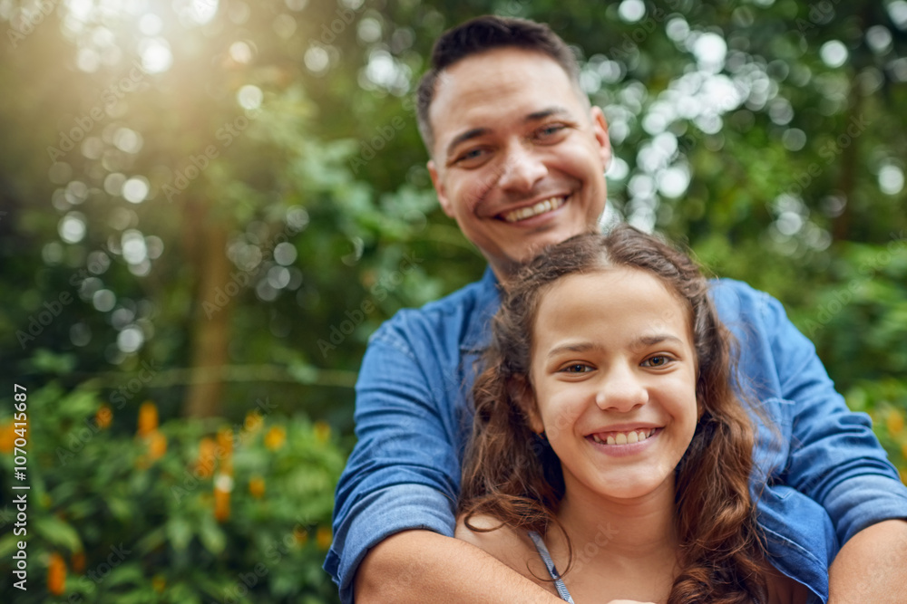Father, girl and happy with hug in garden on portrait for bonding, love and support in Mexico. Outdoor, smile and parent with kid for memories, trust and care at park for child development or growth Father, girl and happy with hug in garden on portrait for bonding, love and support in Mexico. Outdoor, smile and parent with kid for memories, trust and care at park for child development or growth