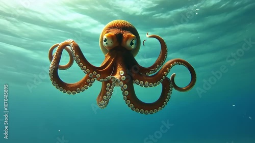 Octopus Swimming in Blue Water, underwater, ocean, sea, marine life, cephalopod