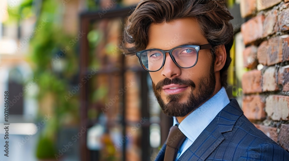 Obraz premium A professional man in glasses wearing a stylish suit, perfect for formal events and occasions.
