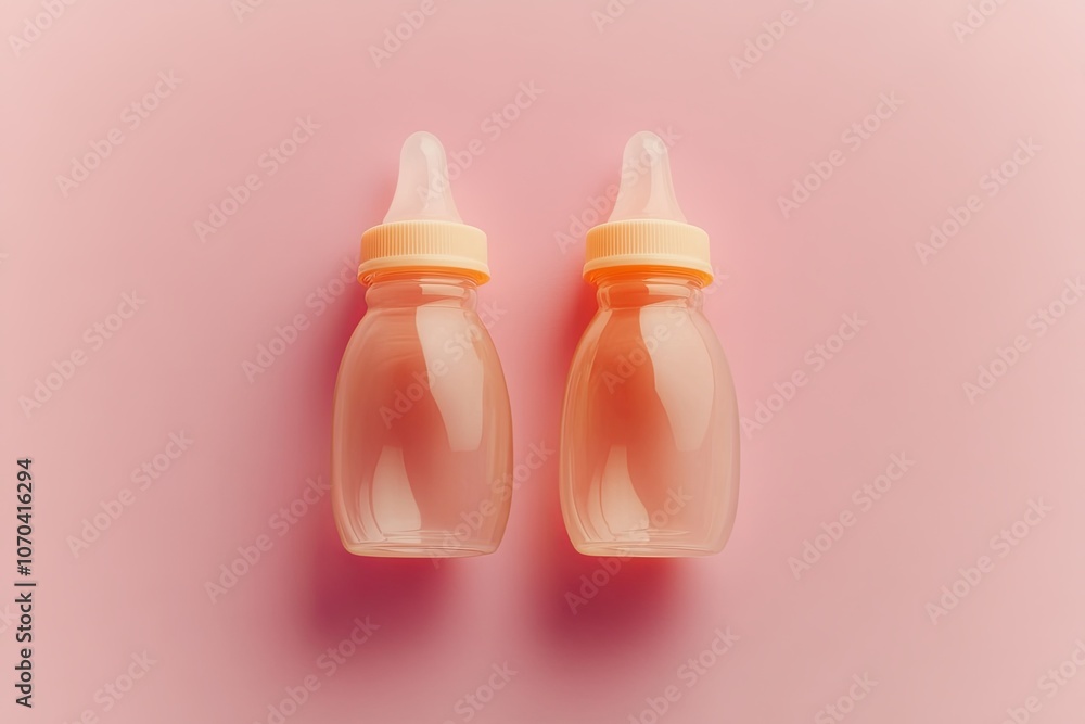 Two baby bottles filled with liquid arranged on a soft pink background in a simple and clean layout. Generative AI Two baby bottles filled with liquid arranged on a soft pink background in a simple and clean layout. Generative AI