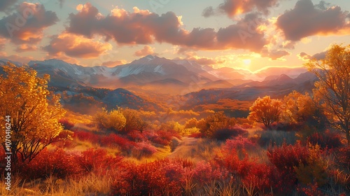 A panoramic autumn forest scene with mountains stretching across the horizon, golden and red leaves reflecting the last rays of sunset, with soft clouds glowing in the sky,