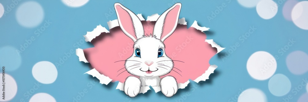 A white bunny with blue eyes peeks through a torn pink paper hole against a blue background. Copy space Easter greeting card A white bunny with blue eyes peeks through a torn pink paper hole against a blue background. Copy space Easter greeting card