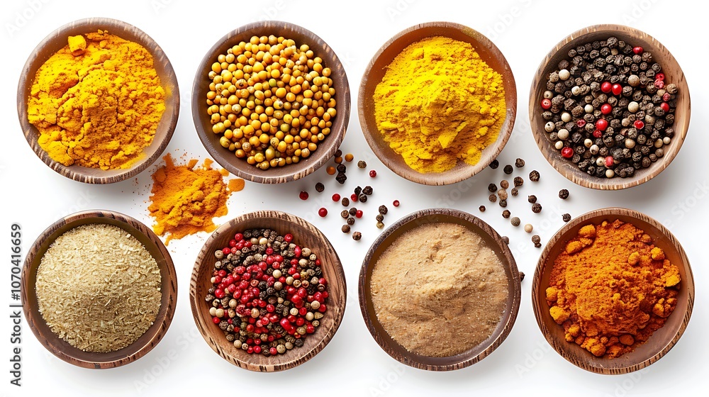 Small bowls of various spices, including turmeric, mustard seeds, peppercorns, and others. Small bowls of various spices, including turmeric, mustard seeds, peppercorns, and others.