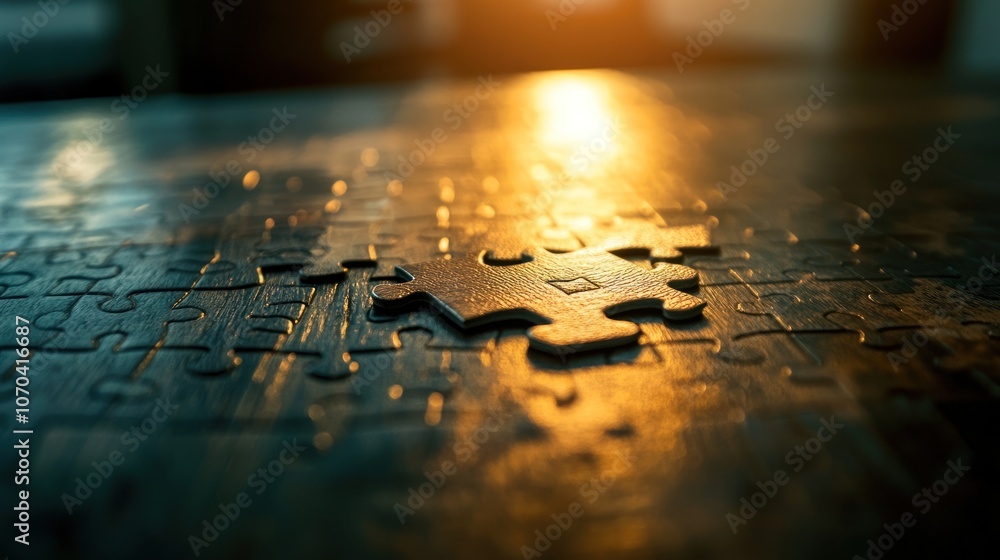A close-up of a single puzzle piece on a wooden surface, illuminated by soft light. A close-up of a single puzzle piece on a wooden surface, illuminated by soft light.