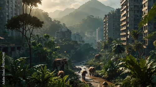 Elephants and the laion walk by dilapidated temples that are covered in vegetation, demonstrating how nature has reclaimed old buildings. photo