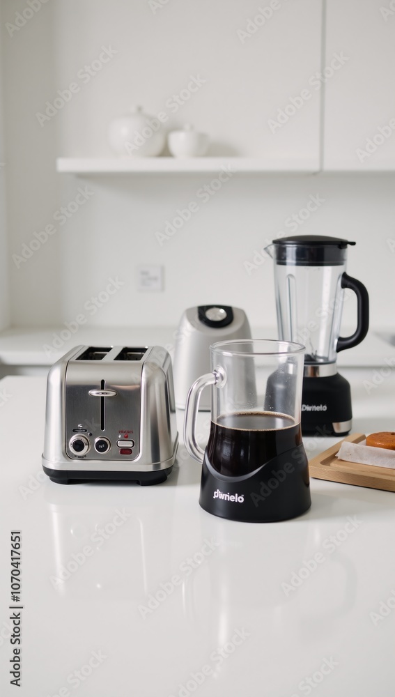 Illustration depicting assorted kitchen appliances toaster blender and coffee maker within a contemporary kitchen setting Illustration depicting assorted kitchen appliances toaster blender and coffee maker within a contemporary kitchen setting