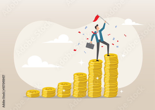 Success businessman holding winning flag on top of money coins stack
