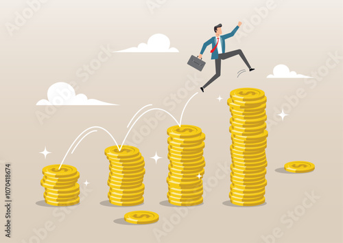 Happy businessman jumping on rising money coin stack