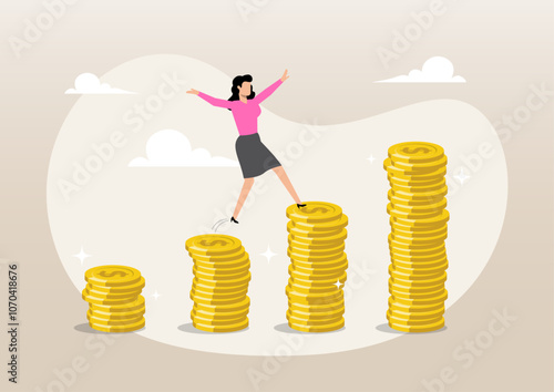 Happy businesswoman investor jumping on stack of growth compound money coins
