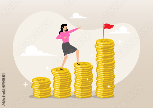 Cheerful businesswoman step climbing money coin stack aiming to achieve target flag on top