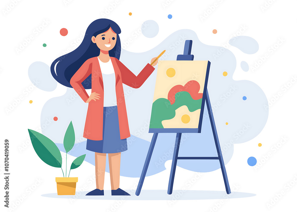 Woman artist painting abstract art canvas easel vector illustration.
Woman artist painting abstract art canvas easel vector illustration.