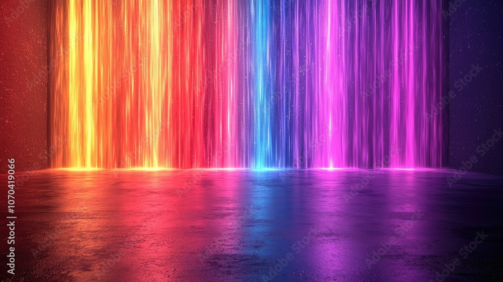 Abstract neon lights with a colorful rainbow pattern on a concrete floor. Abstract neon lights with a colorful rainbow pattern on a concrete floor.