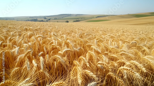 A golden field of wheat ripens under a clear summer sky.