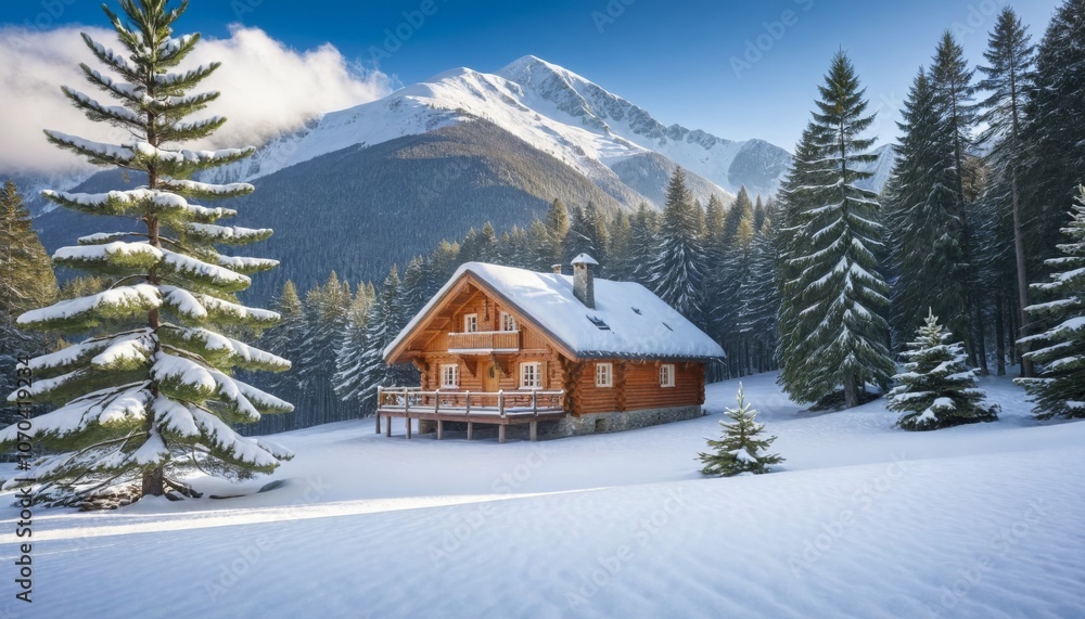 A wintery scene in the heart of the woods with a solitary wooden cottage and snow-draped pine trees on a mountain glade. Christmas postcard. Snowy mountains forest A wintery scene in the heart of the woods with a solitary wooden cottage and snow-draped pine trees on a mountain glade. Christmas postcard. Snowy mountains forest