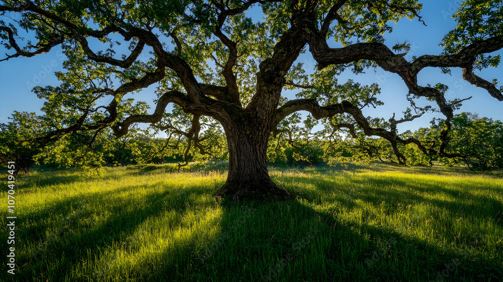 A large oak tree with spreading branches casts a long shadow across a grassy field. A large oak tree with spreading branches casts a long shadow across a grassy field.