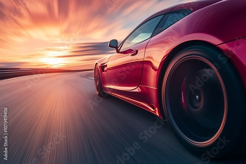 A sleek red sports car speeding along a coastal road at sunset, capturing the thrill of driving and vivid skies. Generative AI