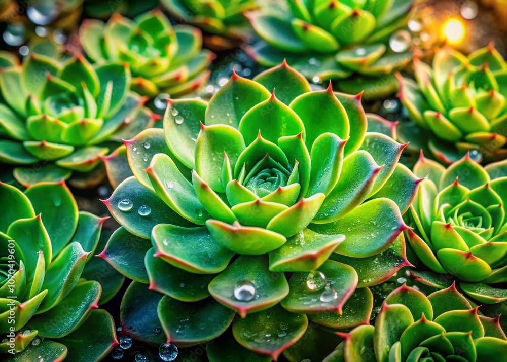Dew-kissed succulents gleam like surreal jewels in Nature's garden. Dew-kissed succulents gleam like surreal jewels in Nature's garden.