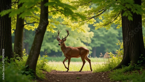 A deer appears amidst the natural splendor of a serene woodland setting