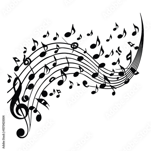 wave of musical notes black note on white background