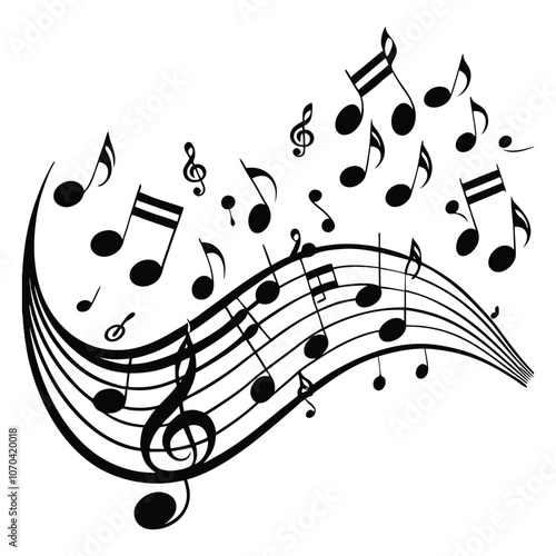 wave of musical notes black note on white background