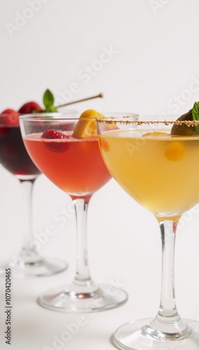 Cocktails displayed in glasses adorned with berries and fruits