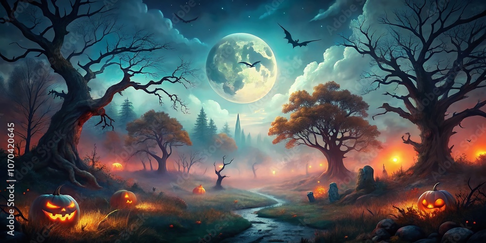 Eerie woods, cobwebs, and a full moon; Halloween's spooky scene. Eerie woods, cobwebs, and a full moon; Halloween's spooky scene.