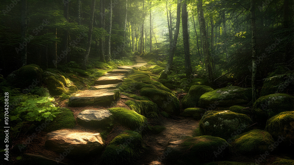 Fototapeta premium A stone path winds through a lush green forest, bathed in warm sunlight.