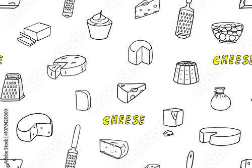Cute seamless pattern of cheeses collection. Doodle. Feta, maasdam, burrata, mozzarella, radamer, swiss cheese, brie, parmesan, ricotta, mascarpone, gorgonzola, roquefort, stillon, gouda, camembert