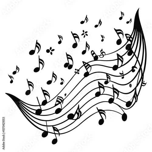 wave of musical notes black note on white background
