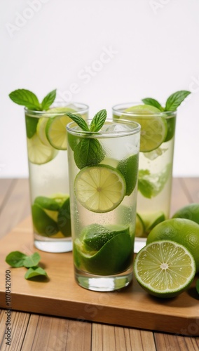 Mojitos served in a chilled glass with limes and ice cubes