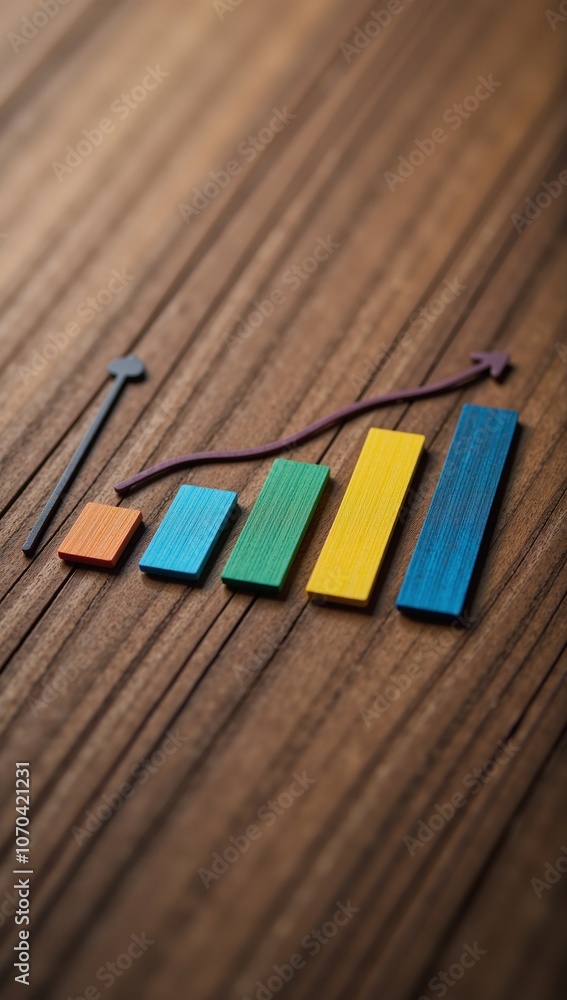 Fototapeta premium Colorful bar charts illustrate business performance on a wooden board showcasing steady growth