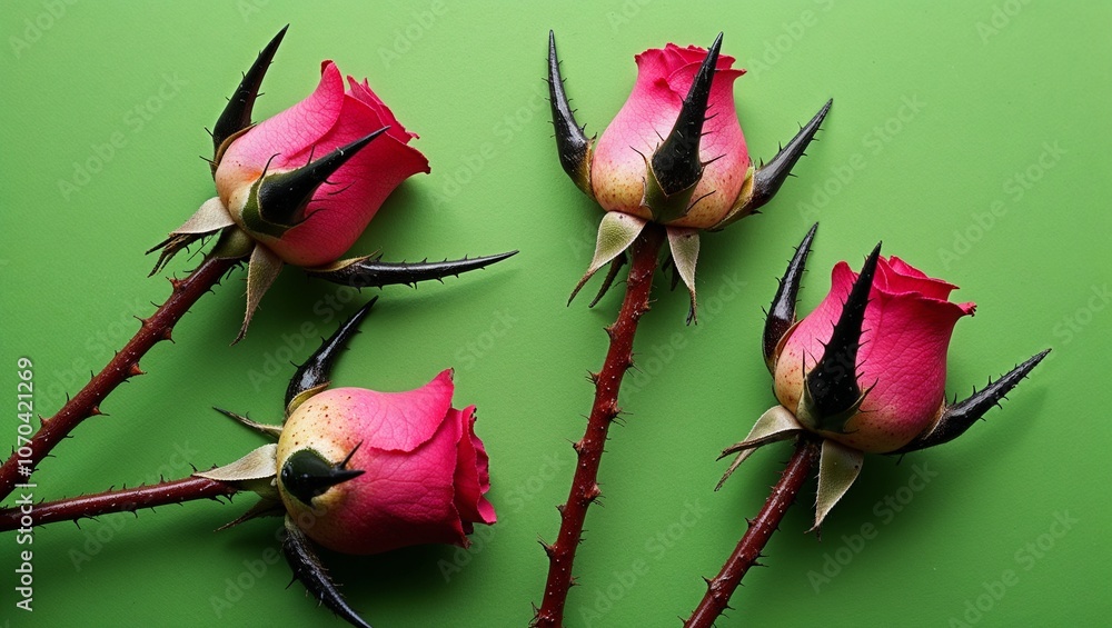 Fototapeta premium Unfriendly nature concept: rose thorns details. Unfriendly nature concept. rose thorns on green background