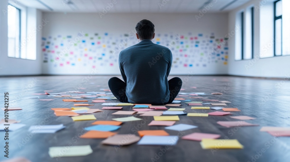 A person sits on the floor, surrounded by colorful sticky notes, reflecting in a spacious, well-lit room. A person sits on the floor, surrounded by colorful sticky notes, reflecting in a spacious, well-lit room.