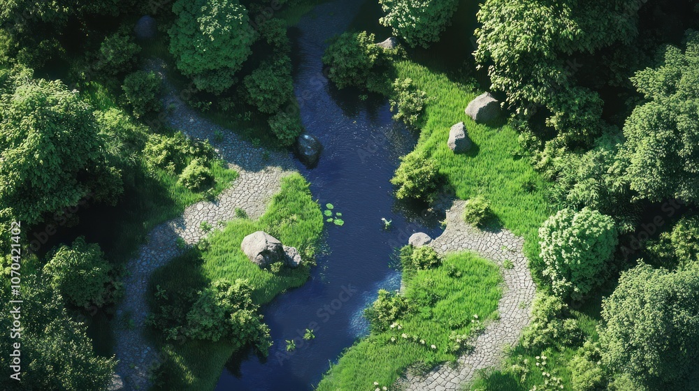 Aerial view of a serene river winding through lush greenery and rocky outcrops. Aerial view of a serene river winding through lush greenery and rocky outcrops.