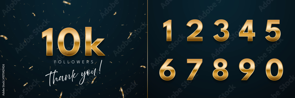 10k followers celebration vector illustration set with numbers from 0 to 9. 3d social media achievement poster. Followers thank you lettering with golden sparkling confetti ribbons on dark blue. 10k followers celebration vector illustration set with numbers from 0 to 9. 3d social media achievement poster. Followers thank you lettering with golden sparkling confetti ribbons on dark blue.