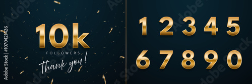 10k followers celebration vector illustration set with numbers from 0 to 9. 3d social media achievement poster. Followers thank you lettering with golden sparkling confetti ribbons on dark blue.