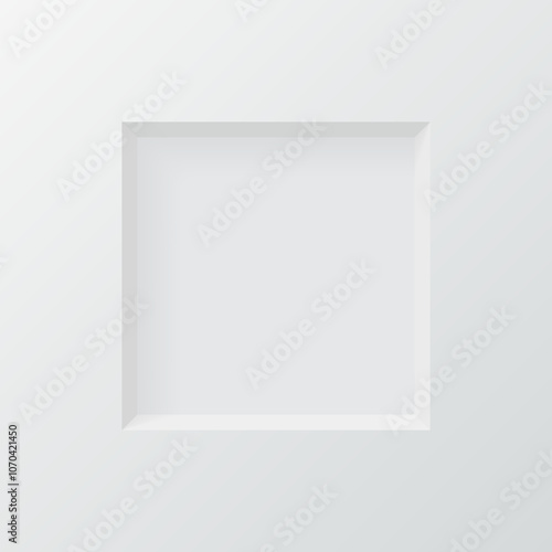 3d wall niche. Empty white square shelf. Inside frame. Display stand, showcase mockup. Showroom, gallery, studio or shop product presentation. Realistic vector illustration.