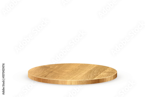 Wooden 3d podium on transparent background. Round stage display product. Empty circle stand pedestal of natural wood for luxury product presentation. Realistic modern vector illustration.